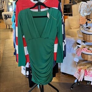 Green V-Neck Ruched Women’s Dress
